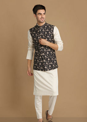 alt message - Manyavar Men Floral Print Blue Jacket With White Kurta Pajama image number 1